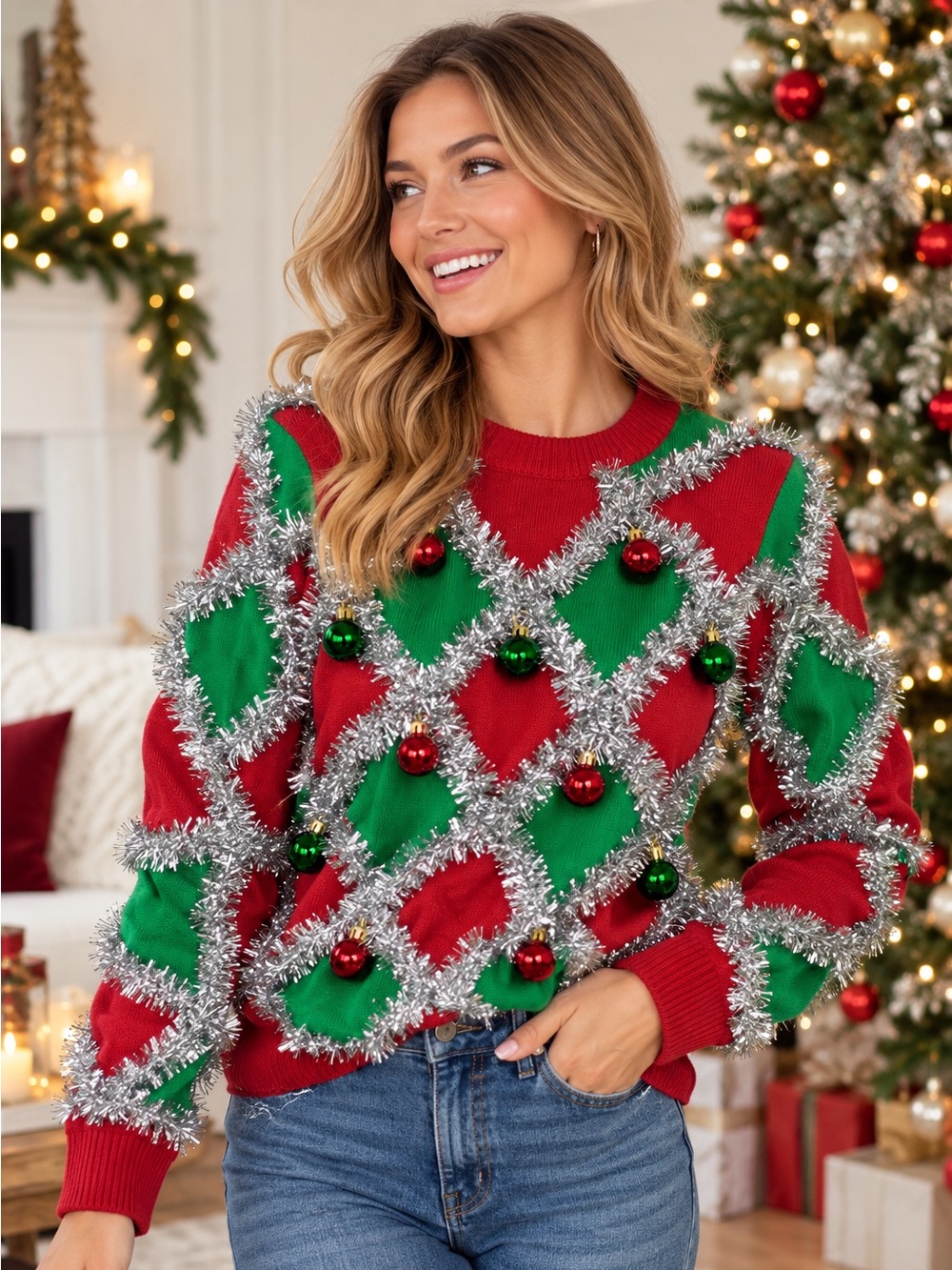 Tipsy Elves Women’s Small Ugly Christmas Sweater Tinsel Ornaments Red Green